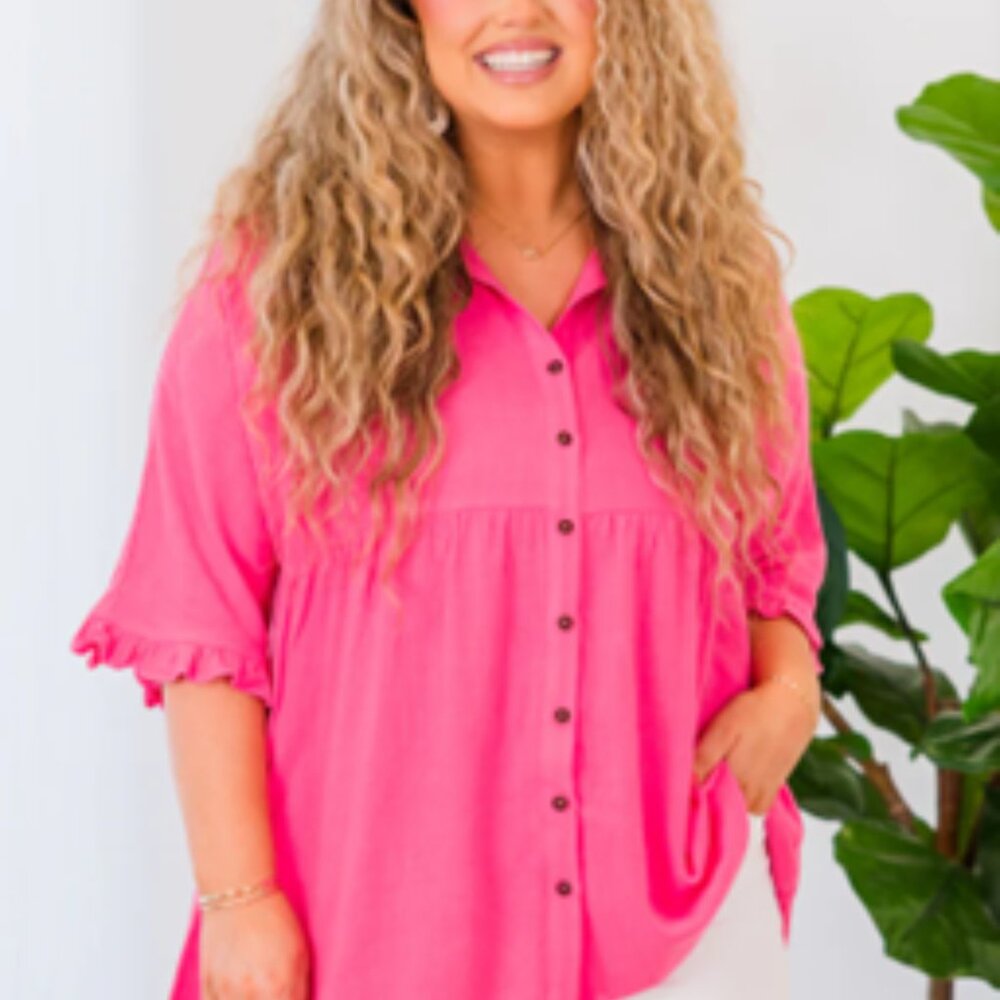 Pink Ruffle Sleeve Button-Up Tunic - 3X - Picture 5 of 7
